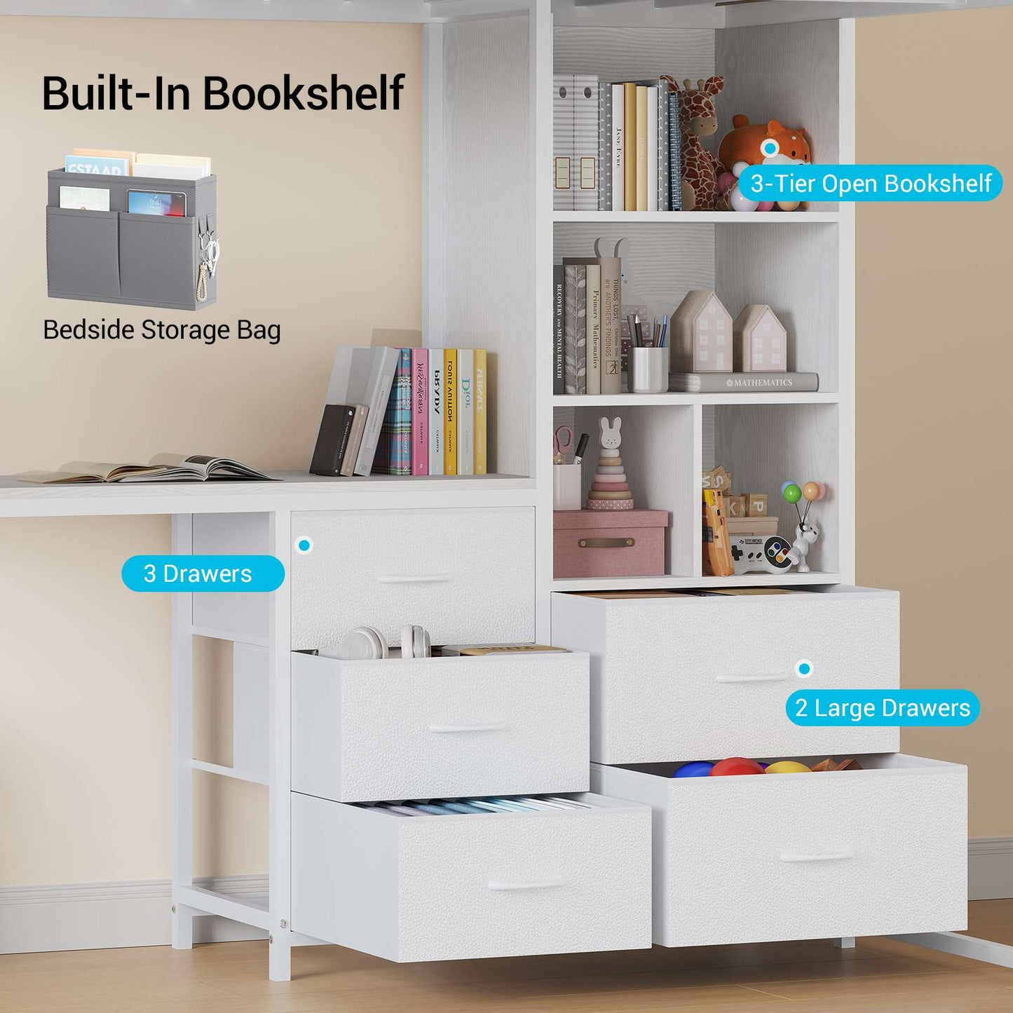 ADORNEVE Loft Bed Full Size with L Desk and 5-Tier Bookshelf 5 Drawers LED Metal Loft Bed with Power Outlet and Guardrail Ladders
