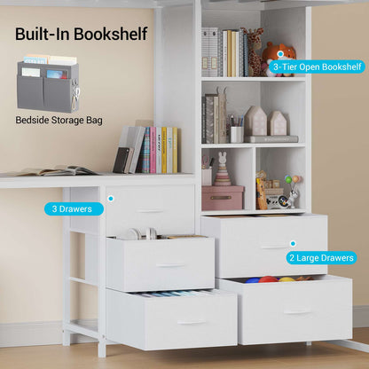 ADORNEVE Loft Bed Full Size with L Desk and 5-Tier Bookshelf 5 Drawers LED Metal Loft Bed with Power Outlet and Guardrail Ladders