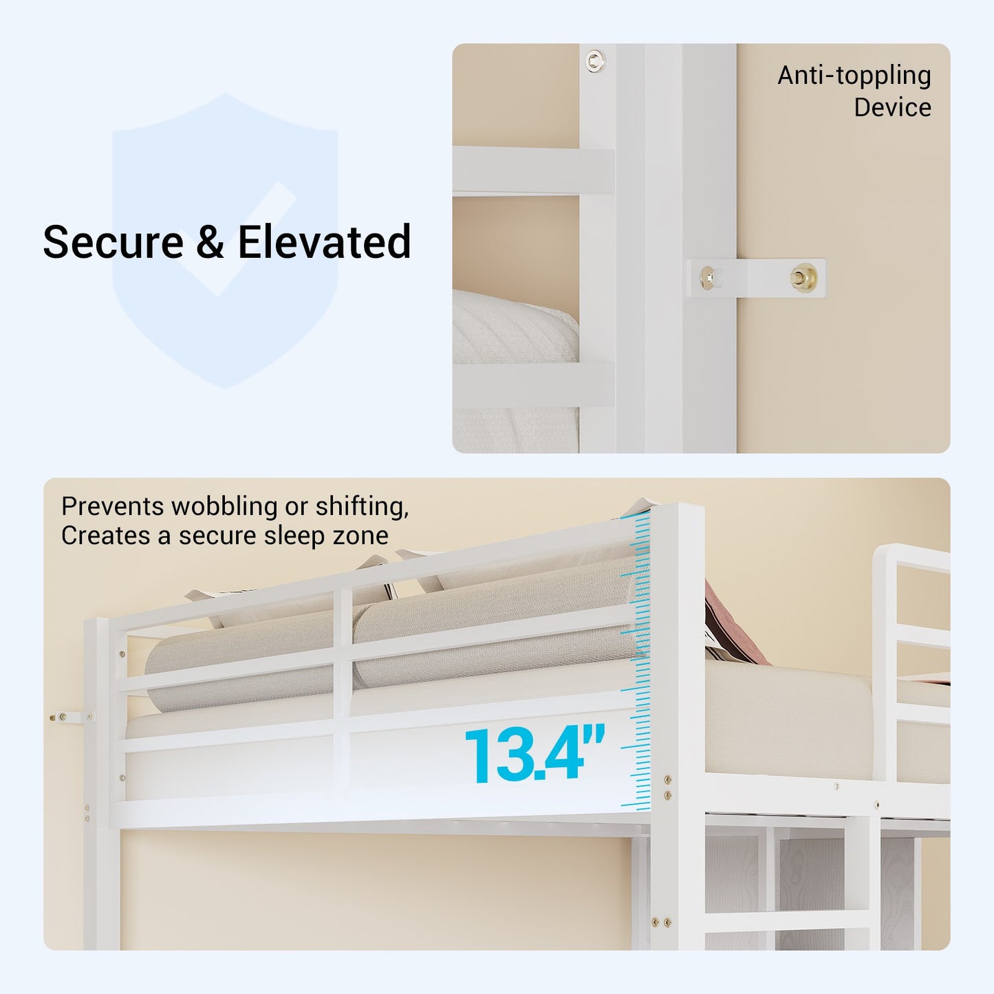 ADORNEVE Loft Bed Full Size with L Desk and 5-Tier Bookshelf 5 Drawers LED Metal Loft Bed with Power Outlet and Guardrail Ladders