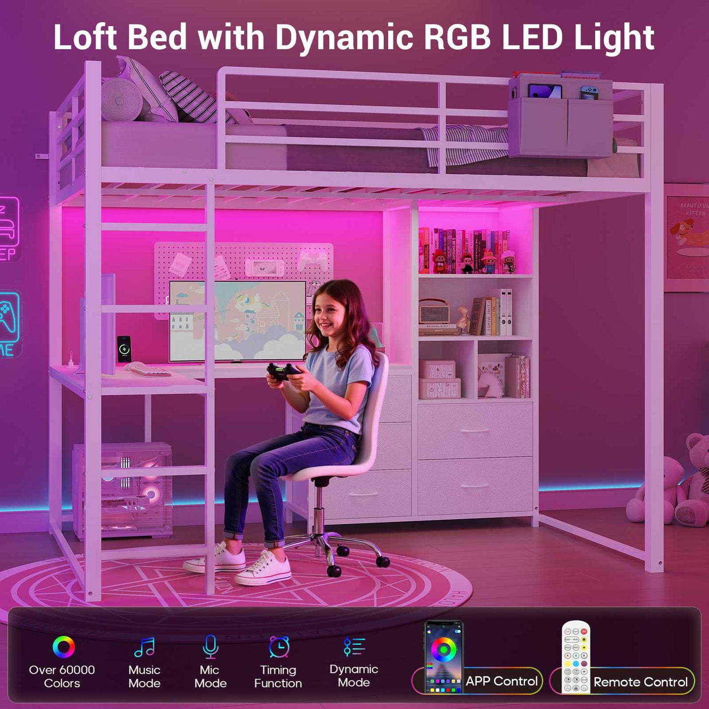 ADORNEVE Loft Bed Full Size with L Desk and 5-Tier Bookshelf 5 Drawers LED Metal Loft Bed with Power Outlet and Guardrail Ladders