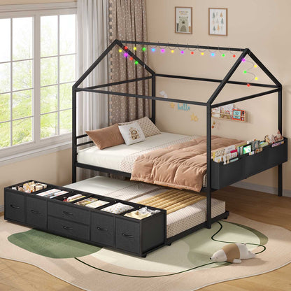 ADORNEVE Full Size Bed Frame with Trundle and 6 Drawers House Bed with Globe String Lights Plug in Metal Kids Bed for Boys and Girls