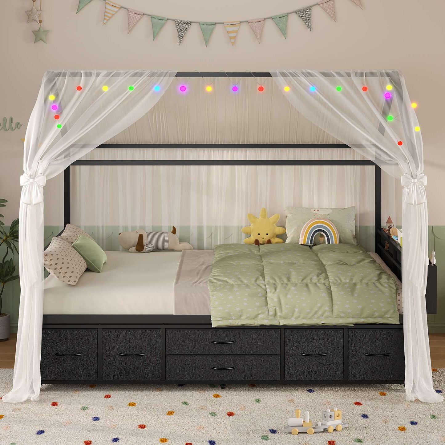 ADORNEVE Full Size Bed Frame with Trundle and 6 Drawers House Bed with Globe String Lights Plug in Metal Kids Bed for Boys and Girls