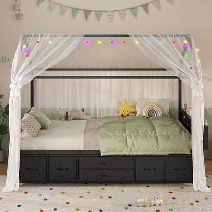 ADORNEVE Full Size Bed Frame with Trundle and 6 Drawers House Bed with Globe String Lights Plug in Metal Kids Bed for Boys and Girls