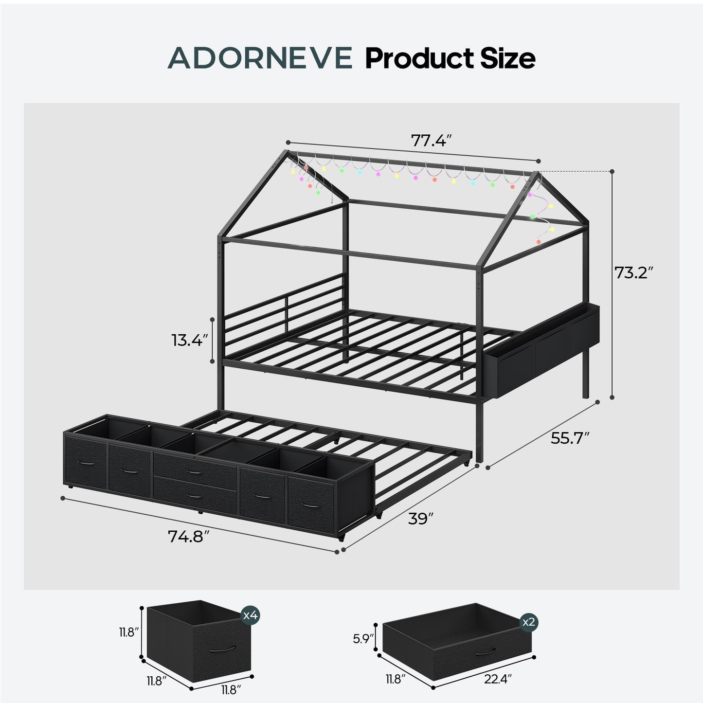ADORNEVE Full Size Bed Frame with Trundle and 6 Drawers House Bed with Globe String Lights Plug in Metal Kids Bed for Boys and Girls