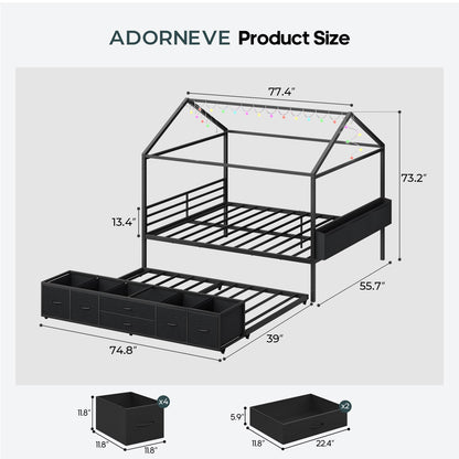 ADORNEVE Full Size Bed Frame with Trundle and 6 Drawers House Bed with Globe String Lights Plug in Metal Kids Bed for Boys and Girls