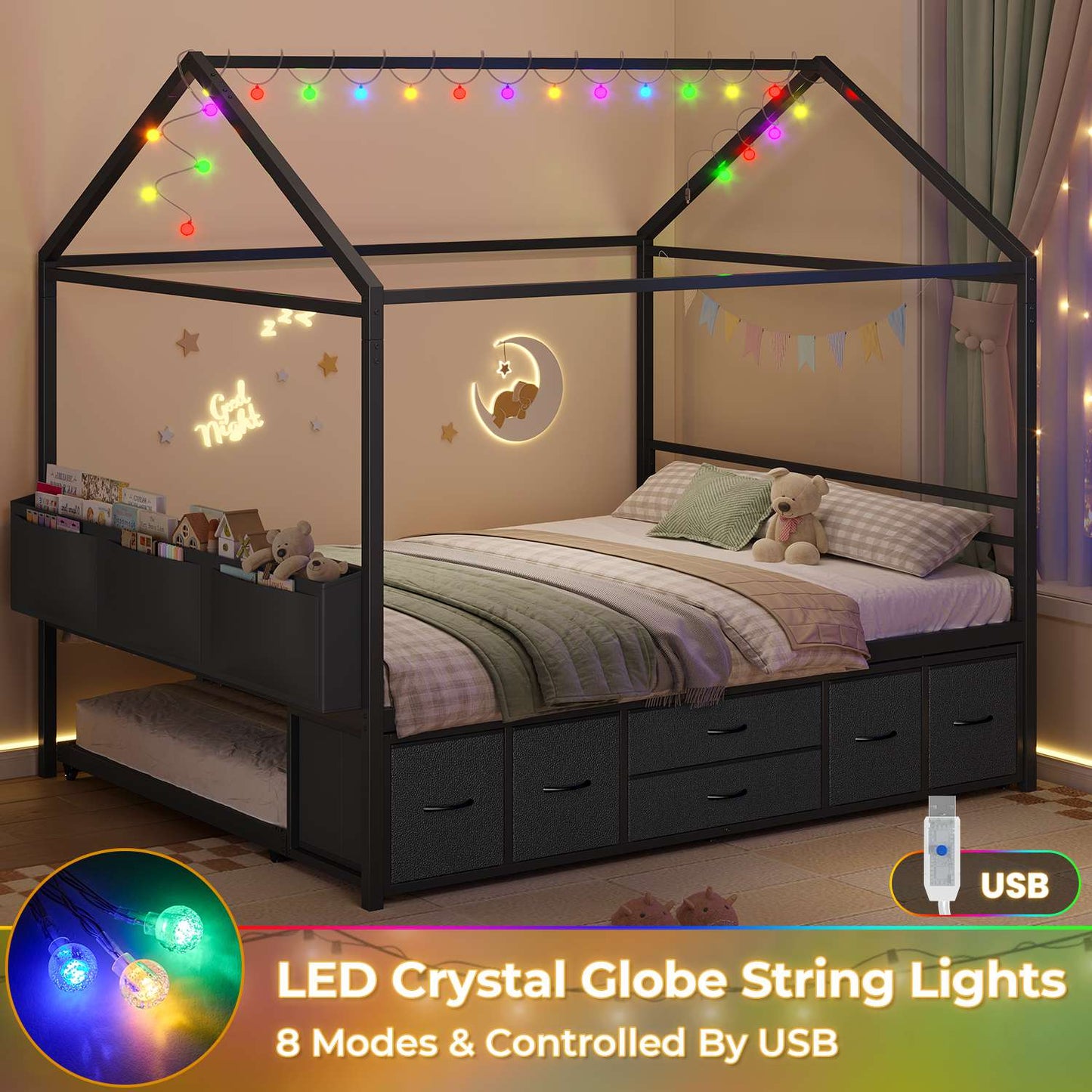ADORNEVE Full Size Bed Frame with Trundle and 6 Drawers House Bed with Globe String Lights Plug in Metal Kids Bed for Boys and Girls