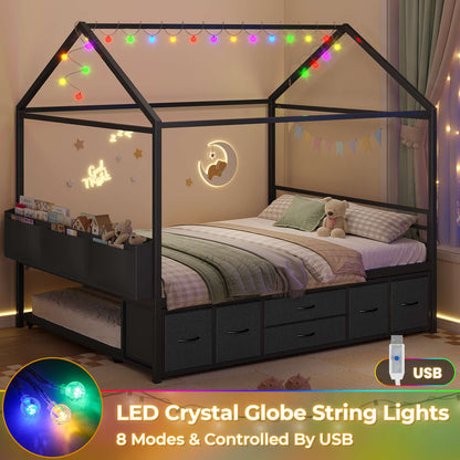 ADORNEVE Full Size Bed Frame with Trundle and 6 Drawers House Bed with Globe String Lights Plug in Metal Kids Bed for Boys and Girls