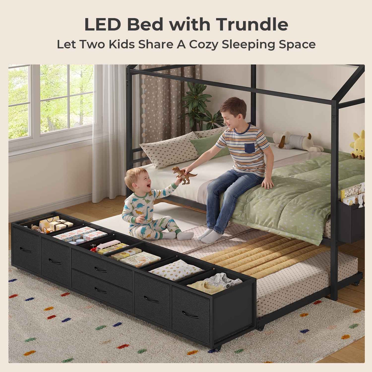 ADORNEVE Full Size Bed Frame with Trundle and 6 Drawers House Bed with Globe String Lights Plug in Metal Kids Bed for Boys and Girls