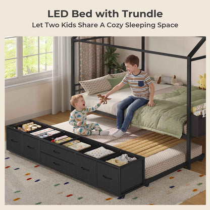 ADORNEVE Full Size Bed Frame with Trundle and 6 Drawers House Bed with Globe String Lights Plug in Metal Kids Bed for Boys and Girls