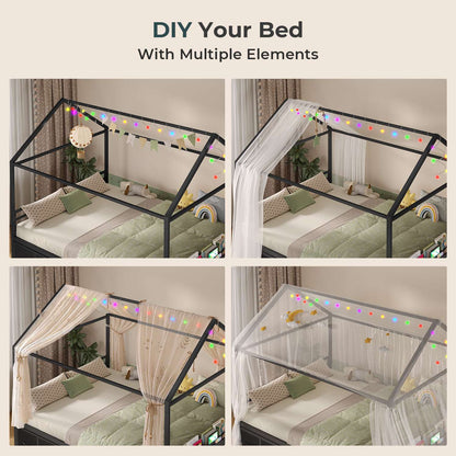 ADORNEVE Full Size Bed Frame with Trundle and 6 Drawers House Bed with Globe String Lights Plug in Metal Kids Bed for Boys and Girls