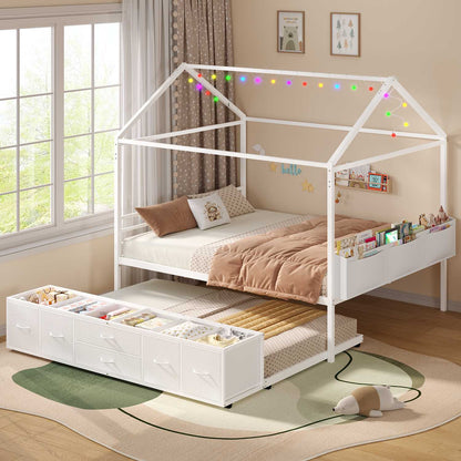 ADORNEVE Full Size Bed Frame with Trundle and 6 Drawers House Bed with Globe String Lights Plug in Metal Kids Bed for Boys and Girls