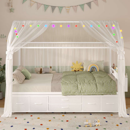 ADORNEVE Full Size Bed Frame with Trundle and 6 Drawers House Bed with Globe String Lights Plug in Metal Kids Bed for Boys and Girls