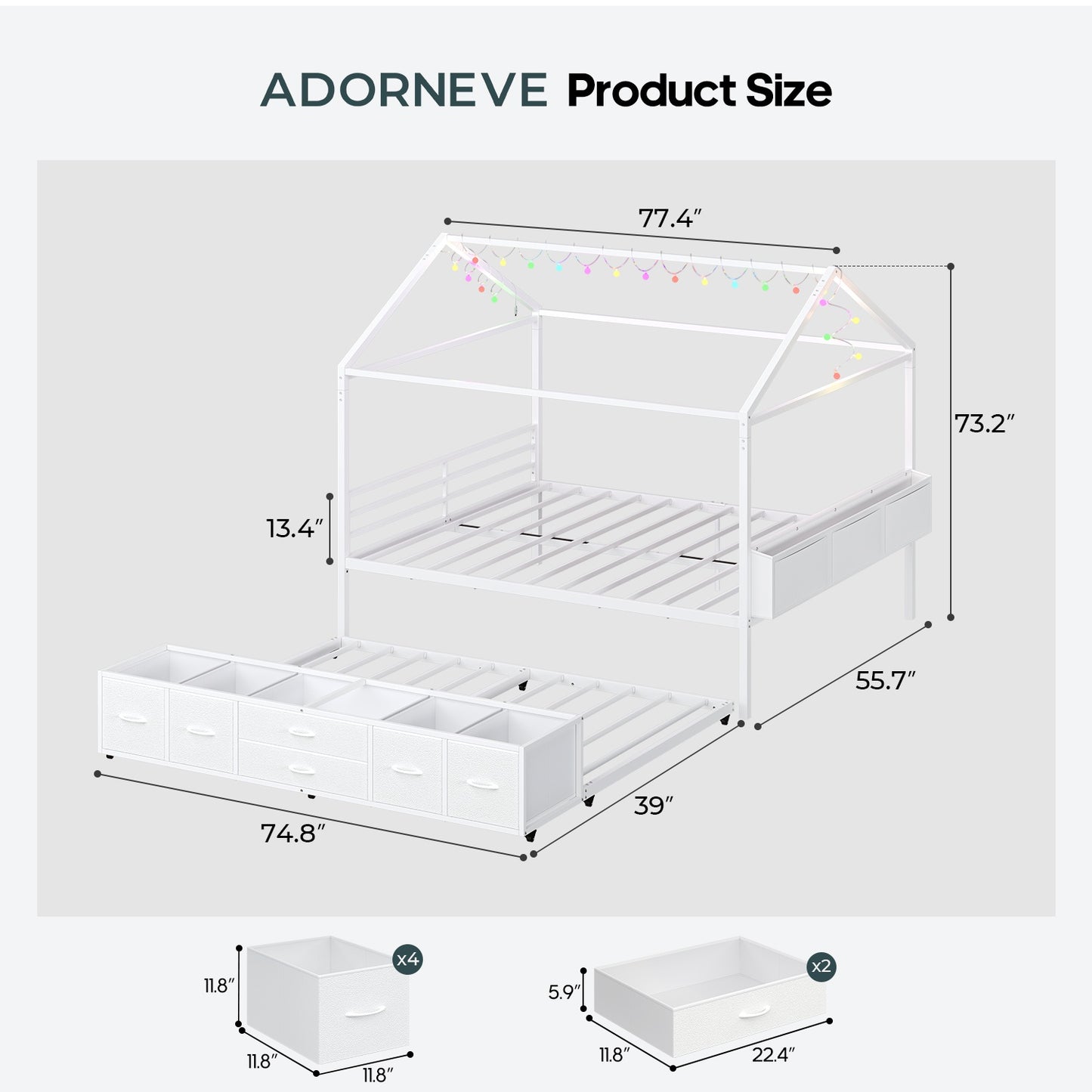 ADORNEVE Full Size Bed Frame with Trundle and 6 Drawers House Bed with Globe String Lights Plug in Metal Kids Bed for Boys and Girls