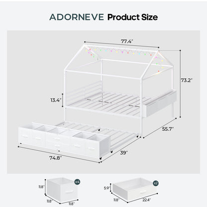 ADORNEVE Full Size Bed Frame with Trundle and 6 Drawers House Bed with Globe String Lights Plug in Metal Kids Bed for Boys and Girls