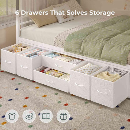 ADORNEVE Full Size Bed Frame with Trundle and 6 Drawers House Bed with Globe String Lights Plug in Metal Kids Bed for Boys and Girls