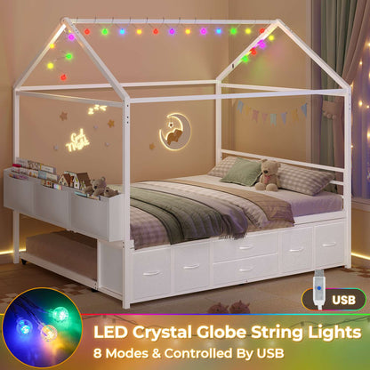 ADORNEVE Full Size Bed Frame with Trundle and 6 Drawers House Bed with Globe String Lights Plug in Metal Kids Bed for Boys and Girls