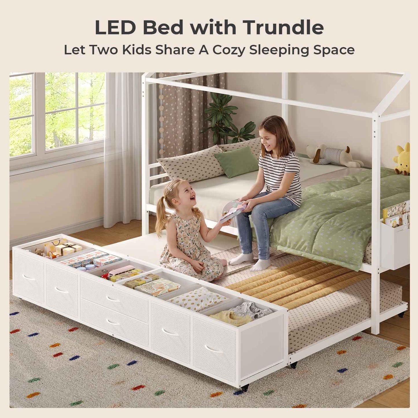 ADORNEVE Full Size Bed Frame with Trundle and 6 Drawers House Bed with Globe String Lights Plug in Metal Kids Bed for Boys and Girls