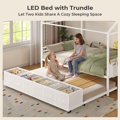 ADORNEVE Full Size Bed Frame with Trundle and 6 Drawers House Bed with Globe String Lights Plug in Metal Kids Bed for Boys and Girls