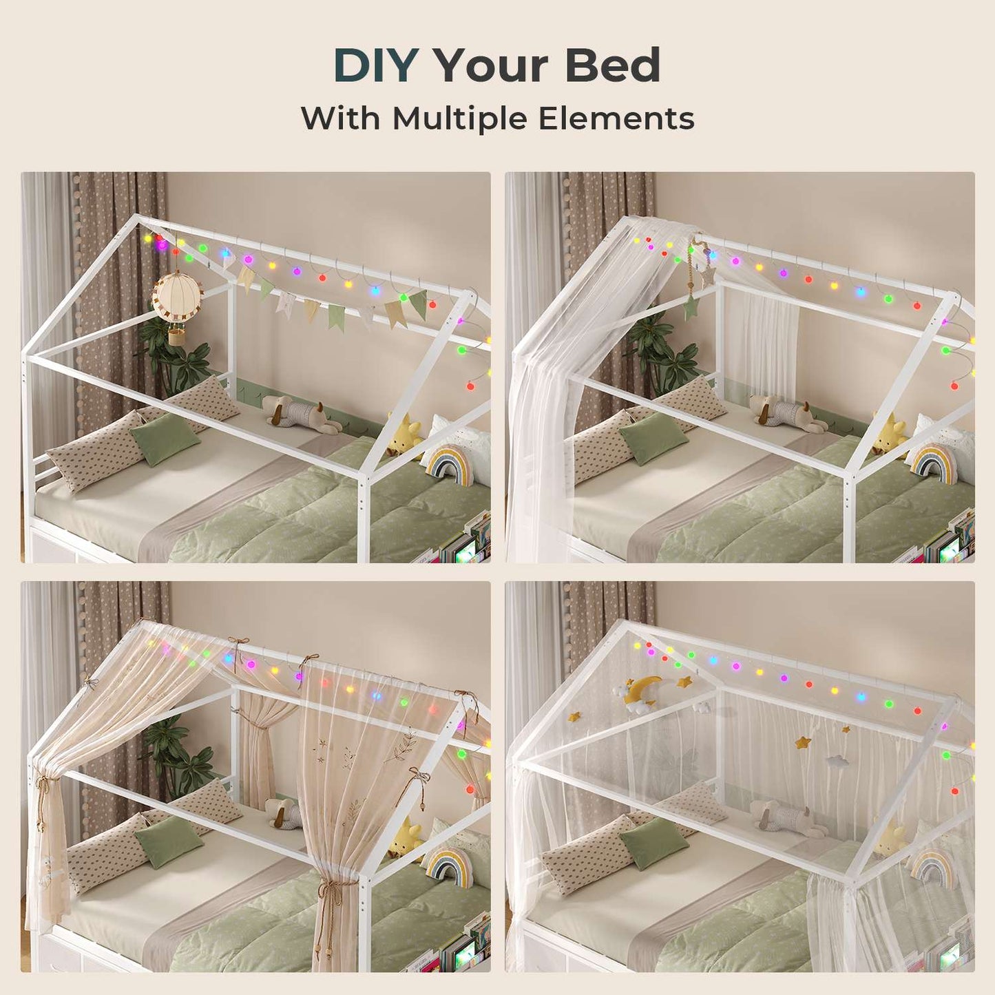ADORNEVE Full Size Bed Frame with Trundle and 6 Drawers House Bed with Globe String Lights Plug in Metal Kids Bed for Boys and Girls