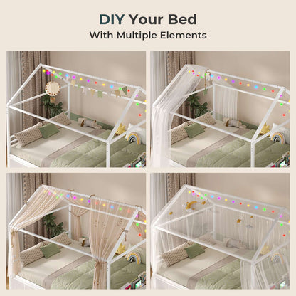 ADORNEVE Full Size Bed Frame with Trundle and 6 Drawers House Bed with Globe String Lights Plug in Metal Kids Bed for Boys and Girls