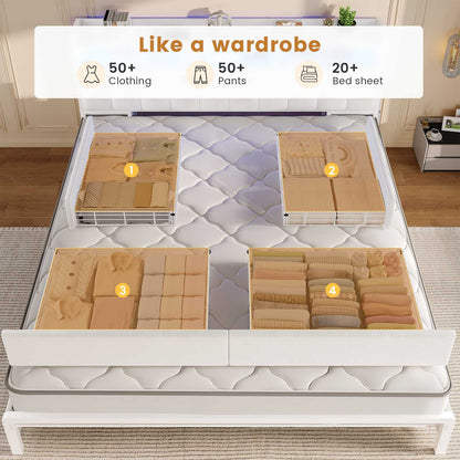 ADORNEVE Bed Frame with 10 Storage Drawers and RGB Bookcase Headboard PU Upholstered Cal King Bed with Charging Station and Heavy Duty Metal Slats