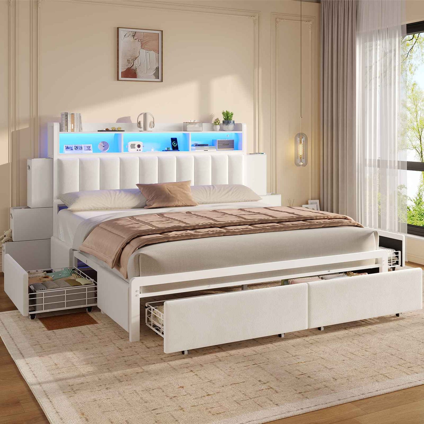 ADORNEVE Bed Frame with 10 Storage Drawers and RGB Bookcase Headboard PU Upholstered Cal King Bed with Charging Station and Heavy Duty Metal Slats