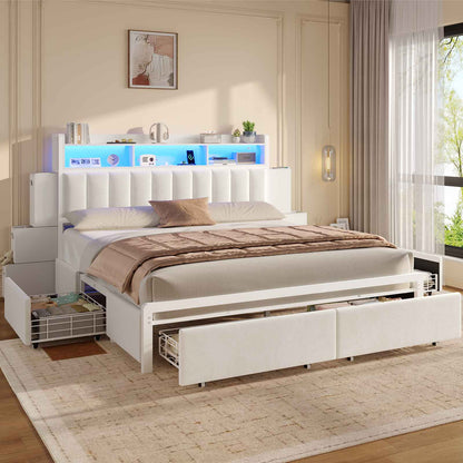 ADORNEVE Bed Frame with 10 Storage Drawers and RGB Bookcase Headboard PU Upholstered Cal King Bed with Charging Station and Heavy Duty Metal Slats