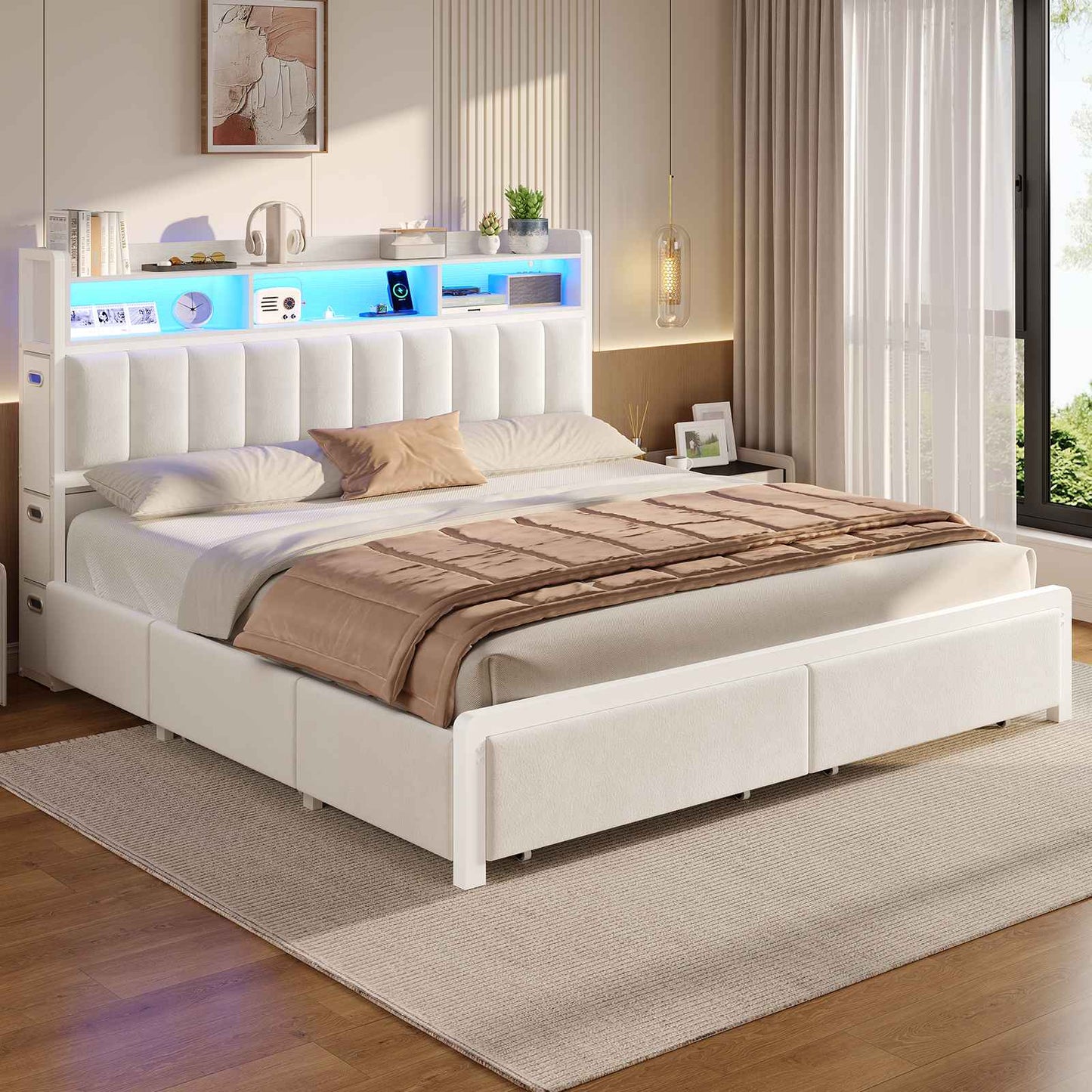 ADORNEVE Bed Frame with 10 Storage Drawers and RGB Bookcase Headboard PU Upholstered Cal King Bed with Charging Station and Heavy Duty Metal Slats