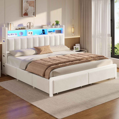 ADORNEVE Bed Frame with 10 Storage Drawers and RGB Bookcase Headboard PU Upholstered Cal King Bed with Charging Station and Heavy Duty Metal Slats