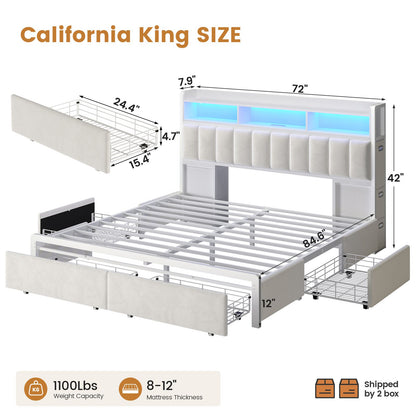 ADORNEVE Bed Frame with 10 Storage Drawers and RGB Bookcase Headboard PU Upholstered Cal King Bed with Charging Station and Heavy Duty Metal Slats