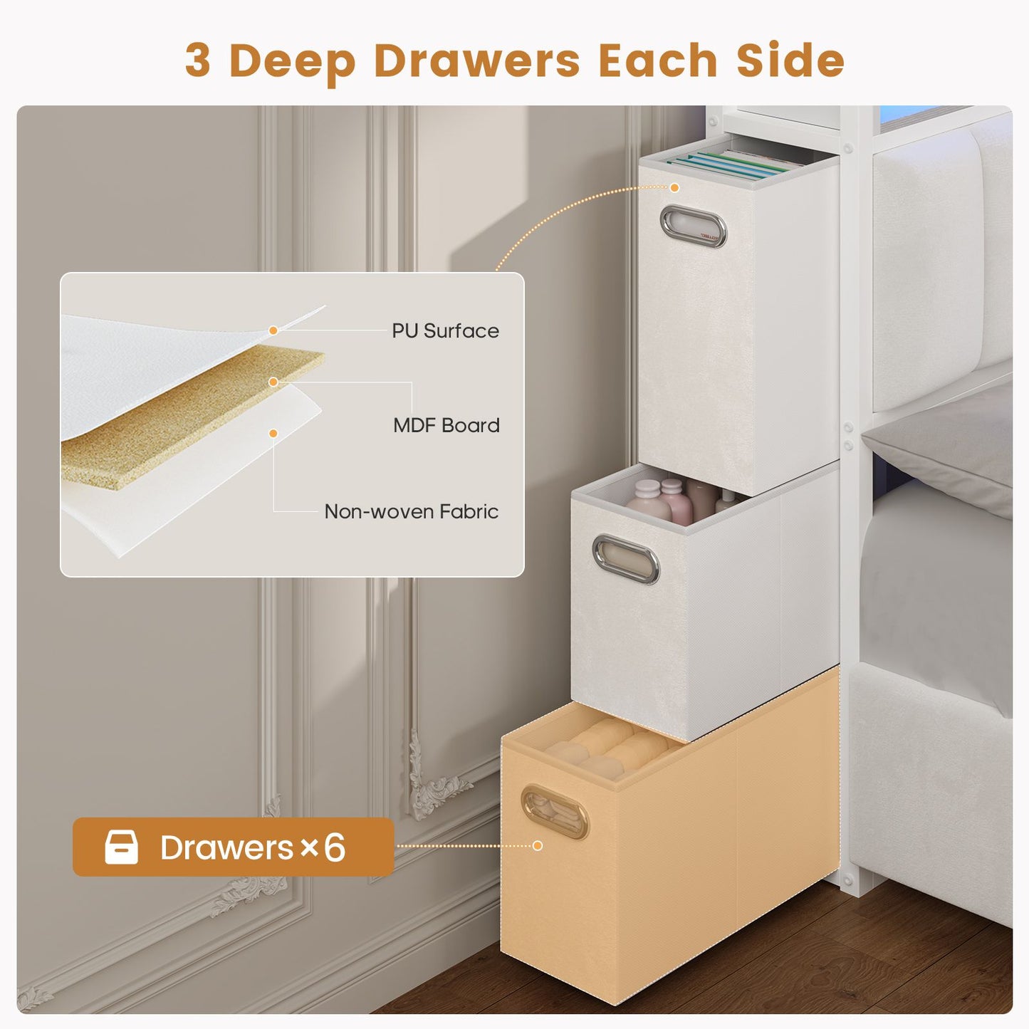 ADORNEVE Bed Frame with 10 Storage Drawers and RGB Bookcase Headboard PU Upholstered Cal King Bed with Charging Station and Heavy Duty Metal Slats