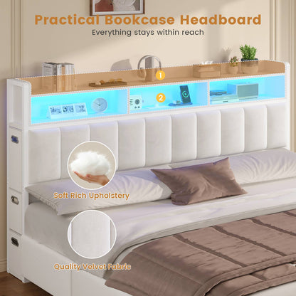 ADORNEVE Bed Frame with 10 Storage Drawers and RGB Bookcase Headboard PU Upholstered Cal King Bed with Charging Station and Heavy Duty Metal Slats