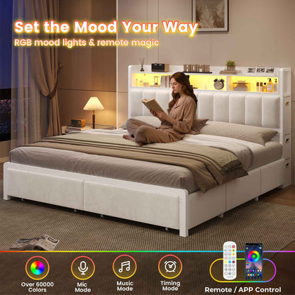 ADORNEVE Bed Frame with 10 Storage Drawers and RGB Bookcase Headboard PU Upholstered Cal King Bed with Charging Station and Heavy Duty Metal Slats
