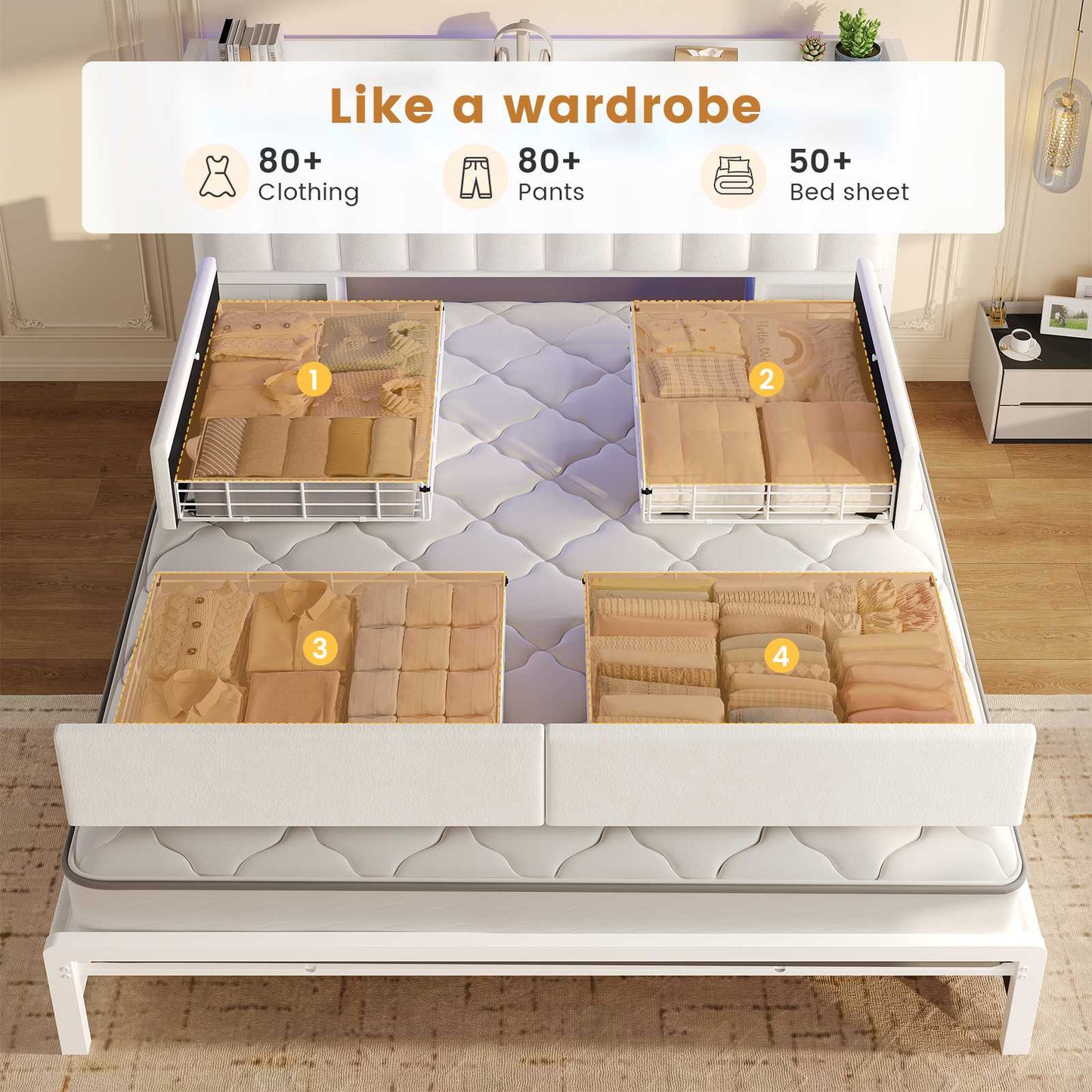 ADORNEVE Bed Frame King Size with 10 Drawers and RGB Bookcase Headboard PU Upholstered Bed with Charging Station