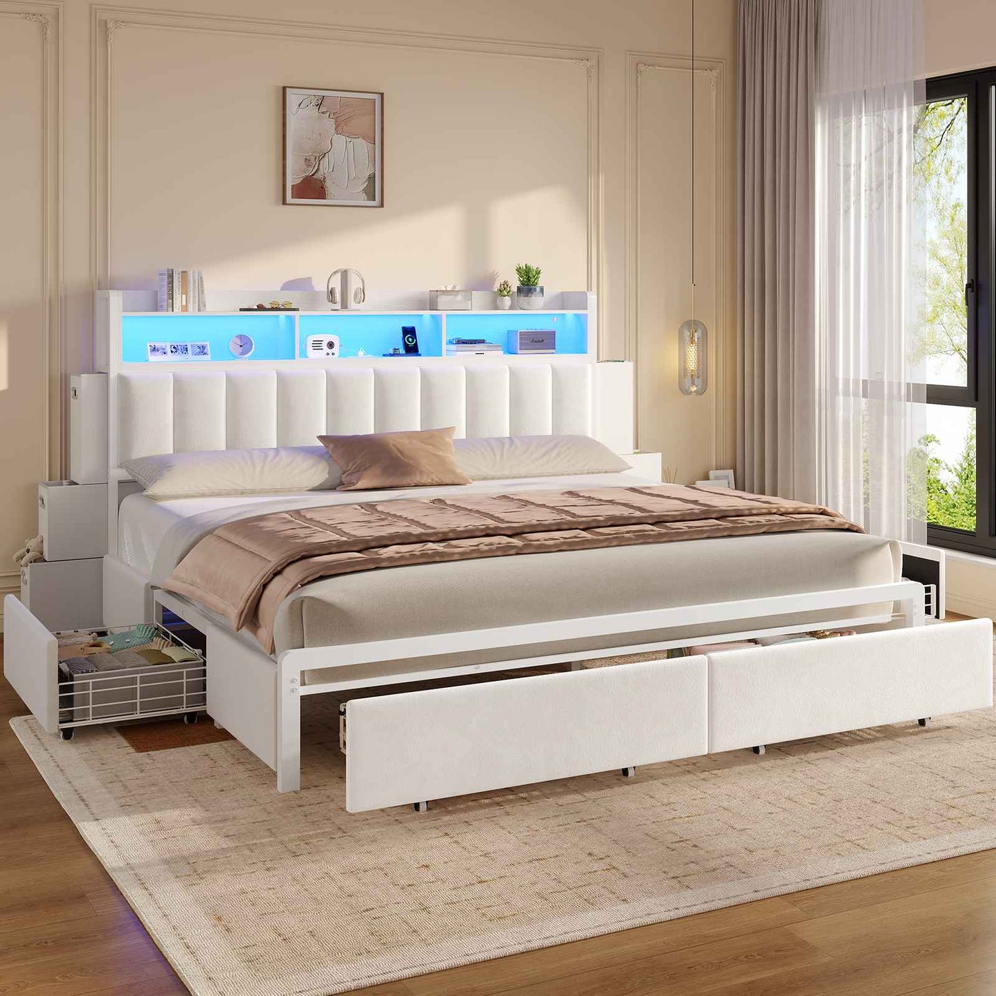 ADORNEVE Bed Frame King Size with 10 Drawers and RGB Bookcase Headboard PU Upholstered Bed with Charging Station