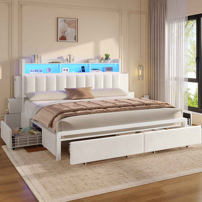 ADORNEVE Bed Frame King Size with 10 Drawers and RGB Bookcase Headboard PU Upholstered Bed with Charging Station