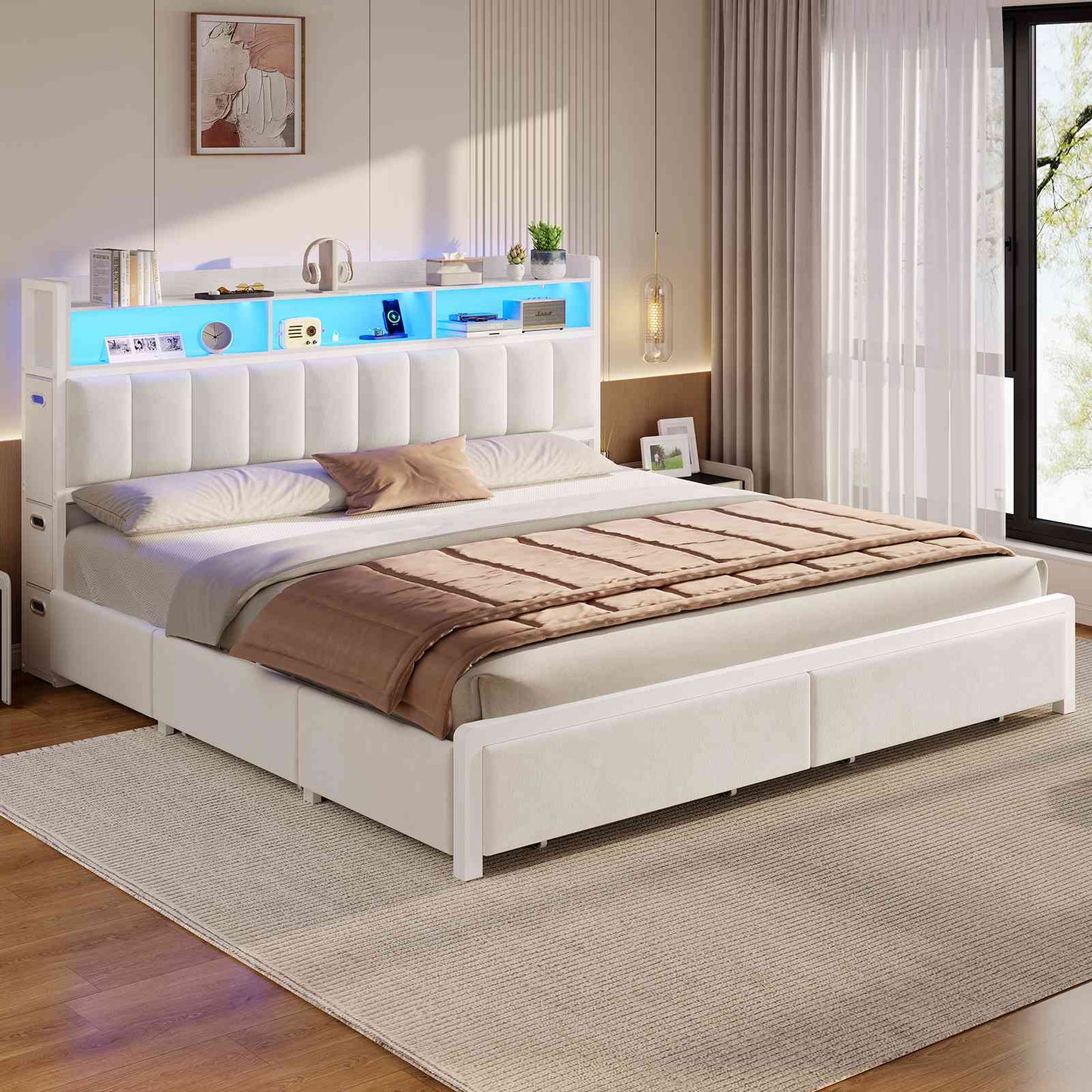 ADORNEVE Bed Frame King Size with 10 Drawers and RGB Bookcase Headboard PU Upholstered Bed with Charging Station