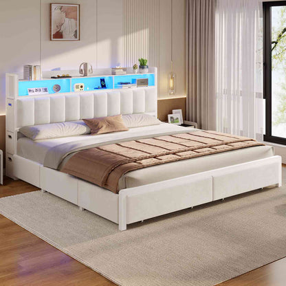 ADORNEVE Bed Frame King Size with 10 Drawers and RGB Bookcase Headboard PU Upholstered Bed with Charging Station