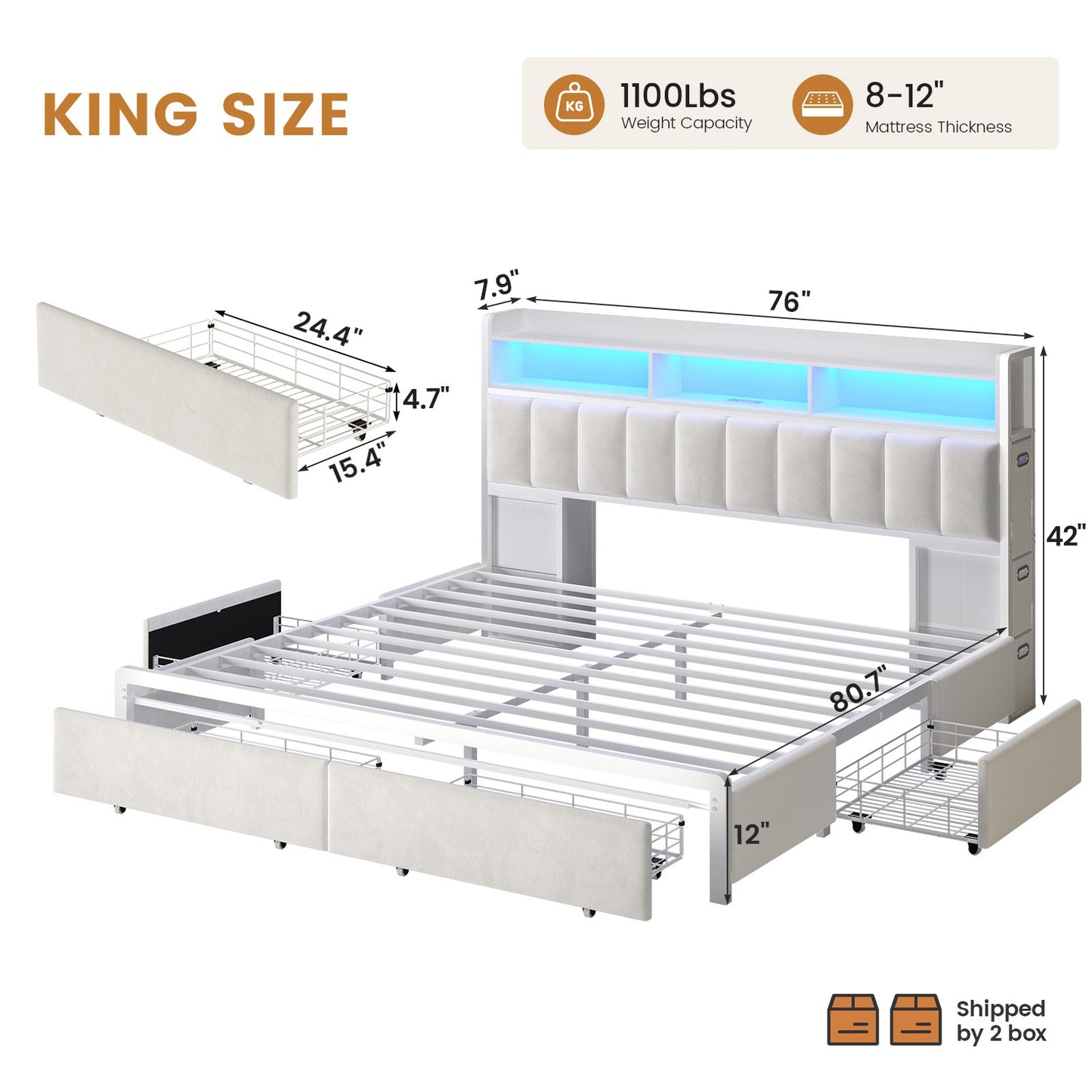 ADORNEVE Bed Frame King Size with 10 Drawers and RGB Bookcase Headboard PU Upholstered Bed with Charging Station