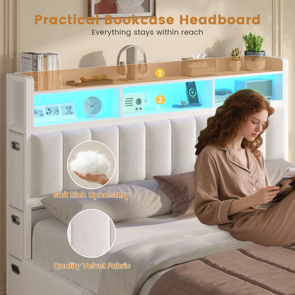 ADORNEVE Bed Frame King Size with 10 Drawers and RGB Bookcase Headboard PU Upholstered Bed with Charging Station