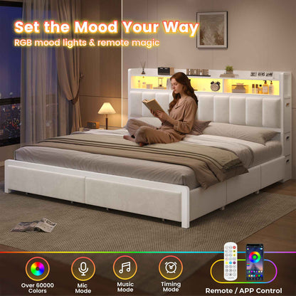 ADORNEVE Bed Frame King Size with 10 Drawers and RGB Bookcase Headboard PU Upholstered Bed with Charging Station