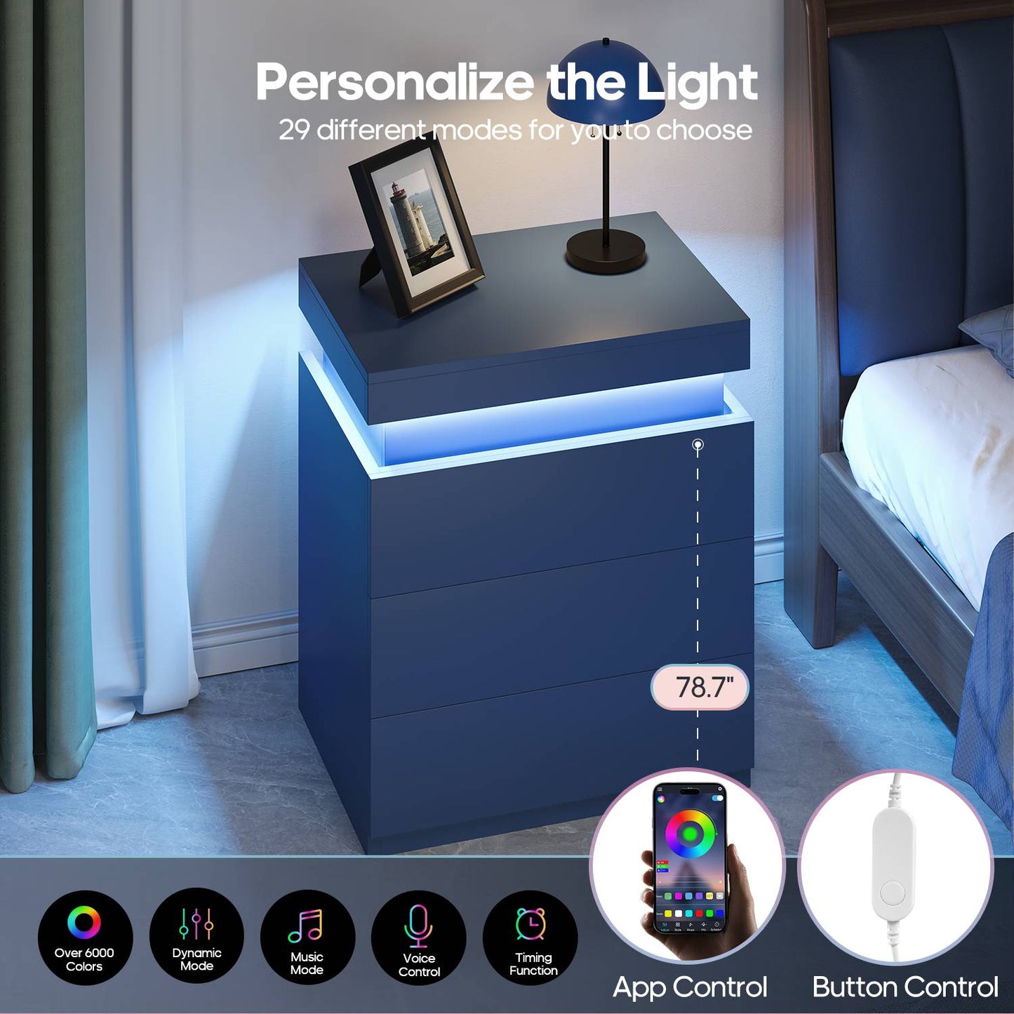 ADORNEVE Nightstand with Charging Station and LED Lights for Bedroom Bedside Table with Sliding Top and Drawers