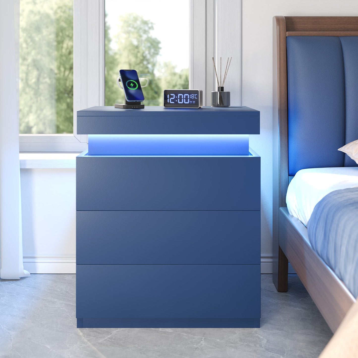 ADORNEVE Nightstand with Charging Station and LED Lights for Bedroom Bedside Table with Sliding Top and Drawers