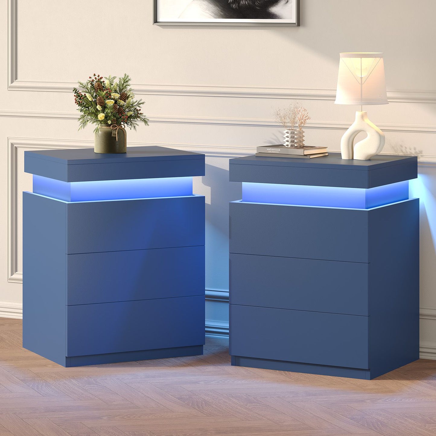 ADORNEVE Nightstand with Charging Station and LED Lights for Bedroom Bedside Table with Sliding Top and Drawers
