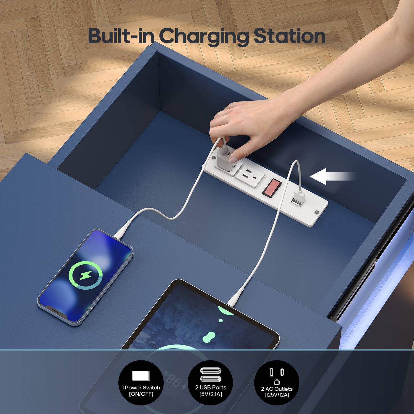 ADORNEVE Nightstand with Charging Station and LED Lights for Bedroom Bedside Table with Sliding Top and Drawers