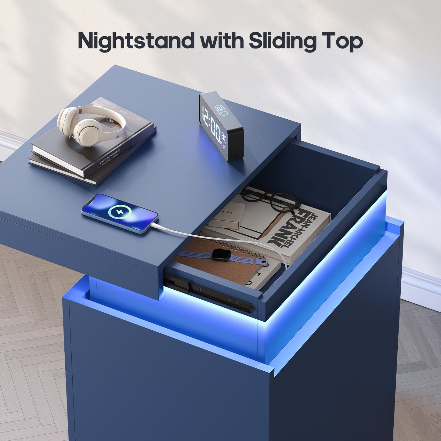 ADORNEVE Nightstand with Charging Station and LED Lights for Bedroom Bedside Table with Sliding Top and Drawers