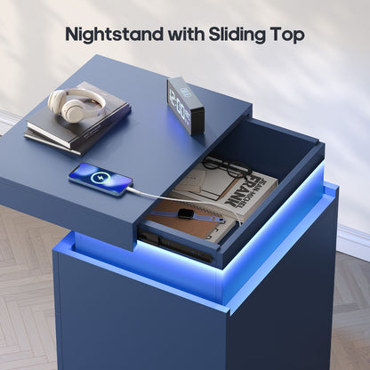 ADORNEVE Nightstand with Charging Station and LED Lights for Bedroom Bedside Table with Sliding Top and Drawers