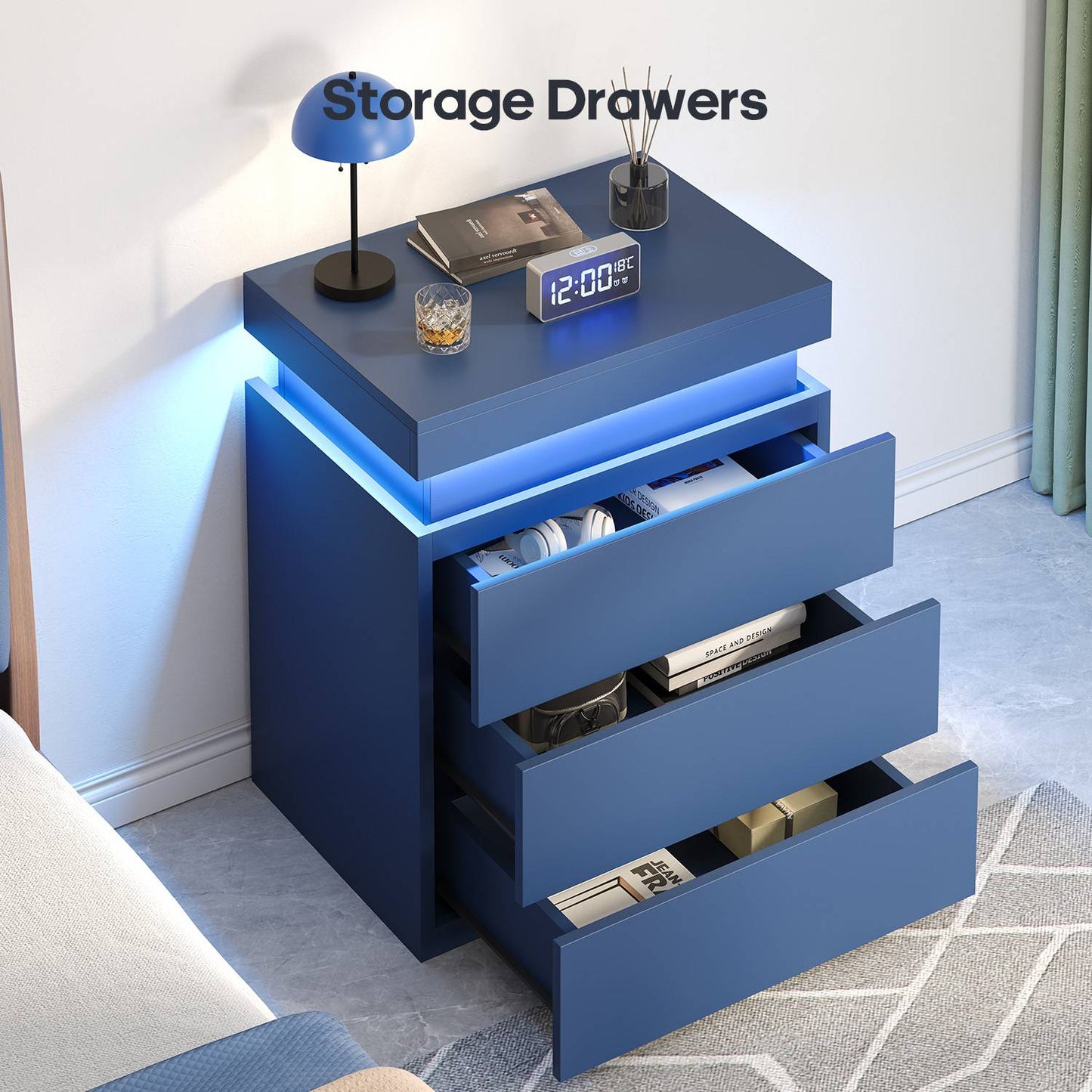 ADORNEVE Nightstand with Charging Station and LED Lights for Bedroom Bedside Table with Sliding Top and Drawers