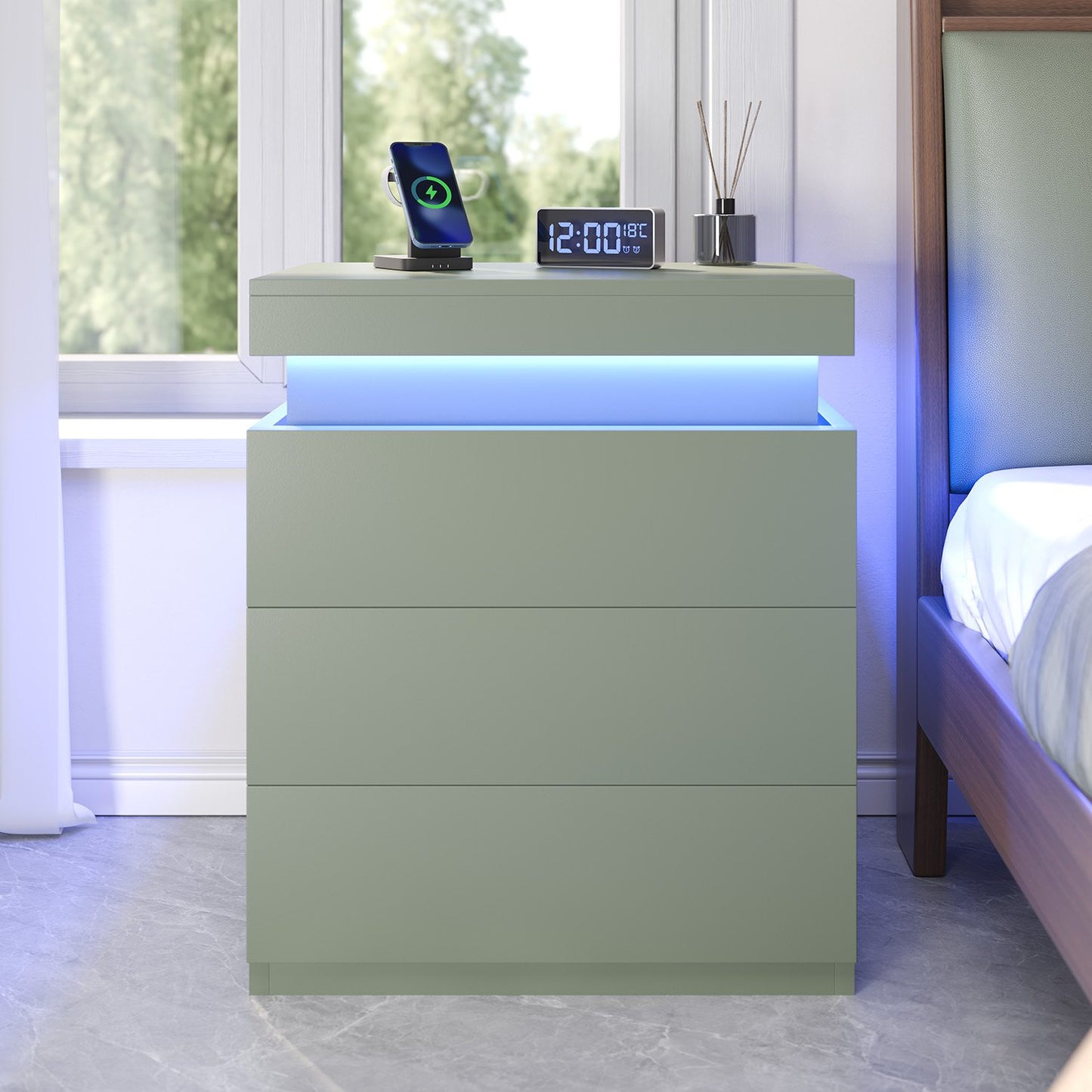 ADORNEVE Nightstand with Charging Station and LED Lights for Bedroom Bedside Table with Sliding Top and Drawers