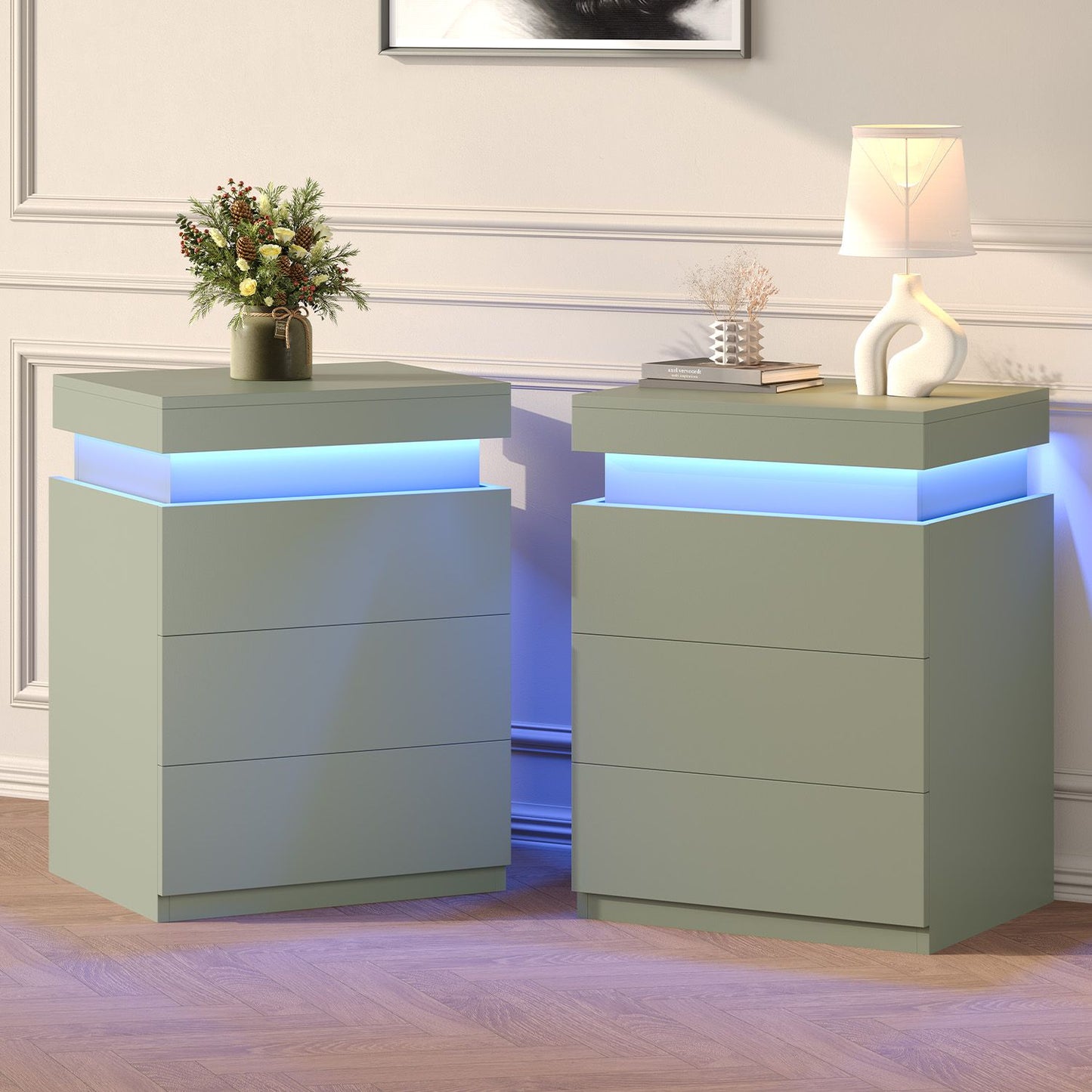 ADORNEVE Nightstand with Charging Station and LED Lights for Bedroom Bedside Table with Sliding Top and Drawers